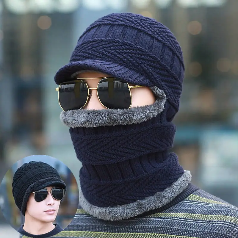 Men Winter One-Piece Neck & Hat Cap Black Wool - Image 8