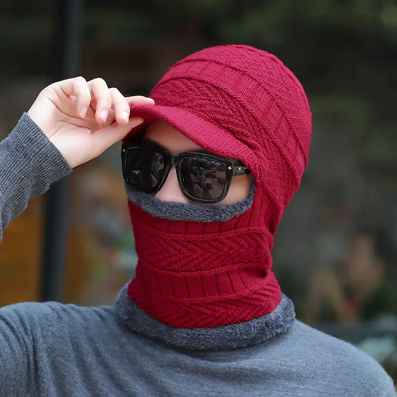 Men Winter One-Piece Neck & Hat Cap Black Wool - Image 2