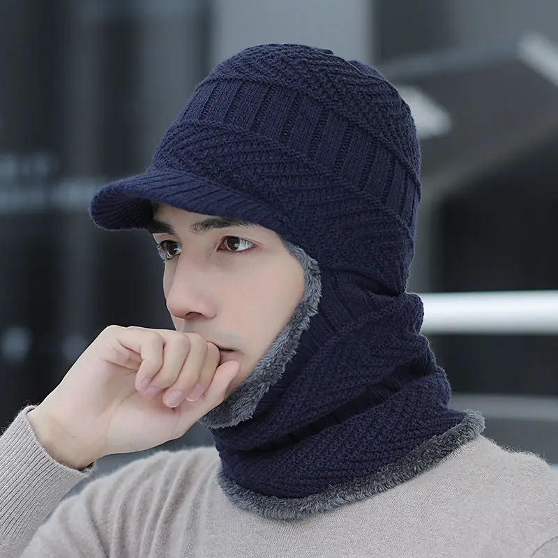 Men Winter One-Piece Neck & Hat Cap Black Wool - Image 3