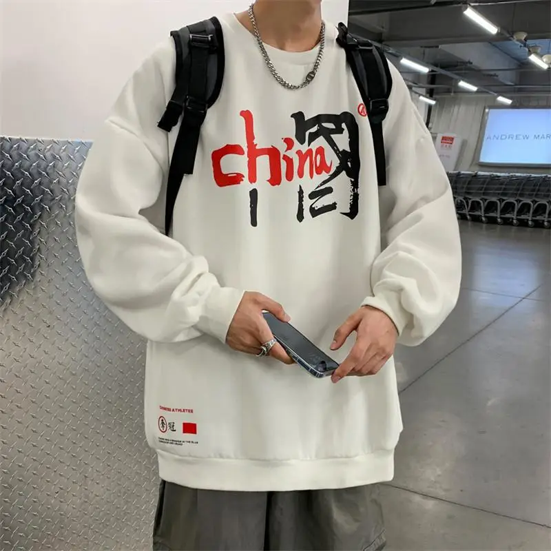 Men China Graphic Sweatshirt Large White Black