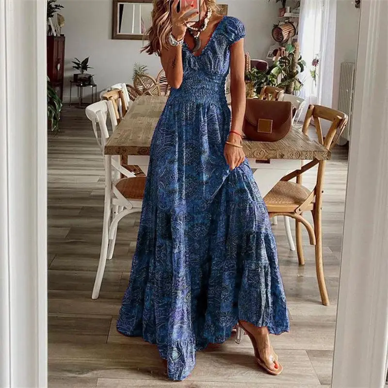 Long Swing Dress Floral Printed Green Large Size - Image 8