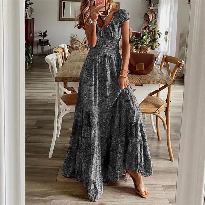 Long Swing Dress Floral Printed Green Large Size - Image 10