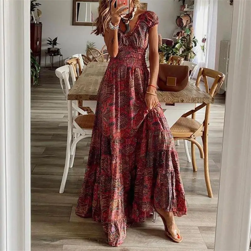 Long Swing Dress Floral Printed Green Large Size - Image 2
