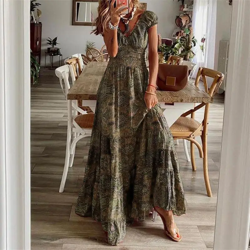 Long Swing Dress Floral Printed Green Large Size - Image 5