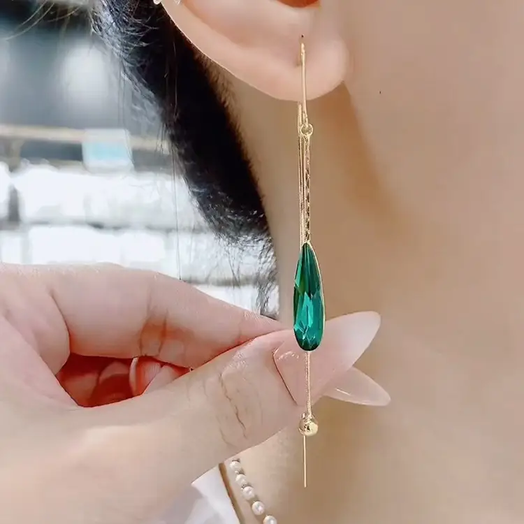 Long Green Water Drop Crystal Earrings for Women