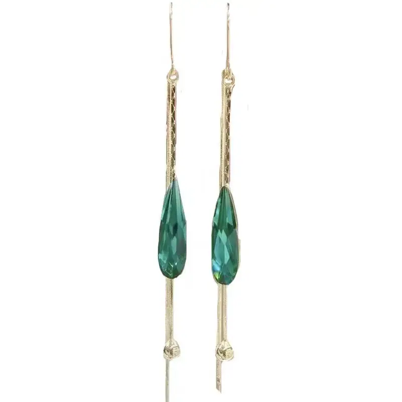 Long Green Water Drop Crystal Earrings for Women