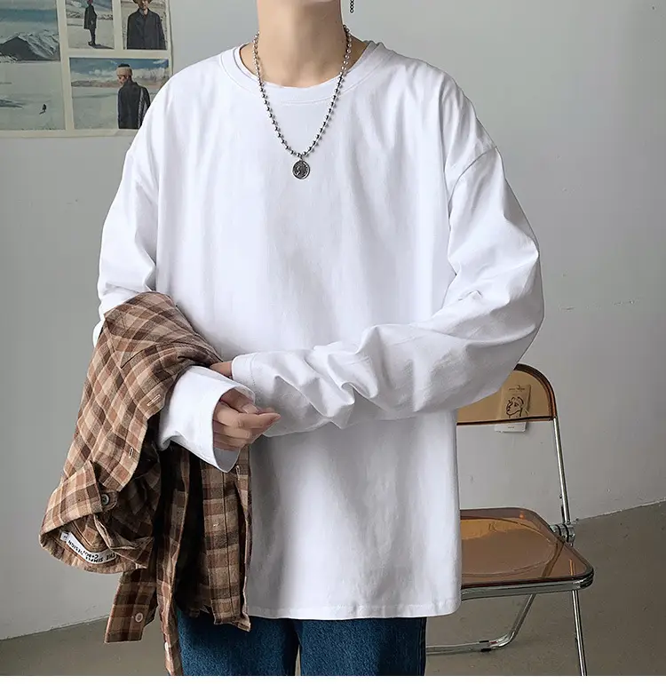 Men White Long Sleeve Cotton T-Shirt 260g