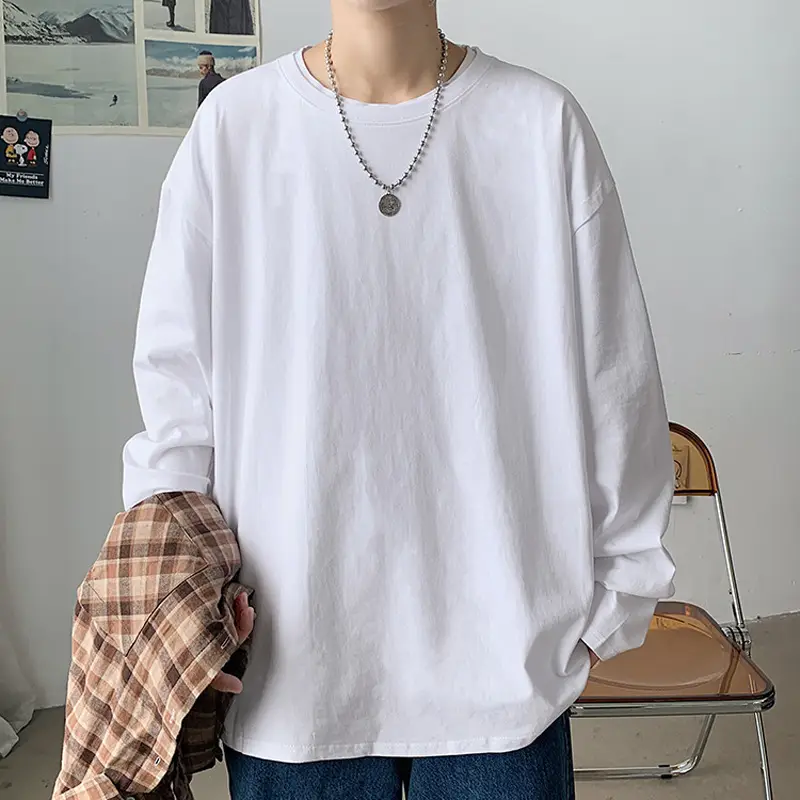 Men White Long Sleeve Cotton T-Shirt 260g