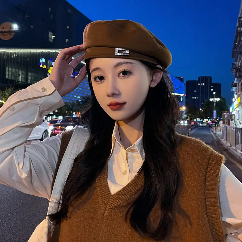 Women's Korean Style Woolen Beret Hat Brown Winter Warm - Image 6