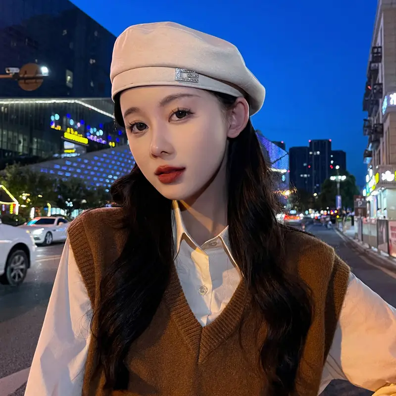 Women's Korean Style Woolen Beret Hat Brown Winter Warm - Image 7