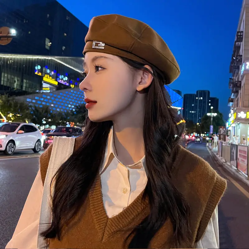 Women's Korean Style Woolen Beret Hat Brown Winter Warm - Image 8