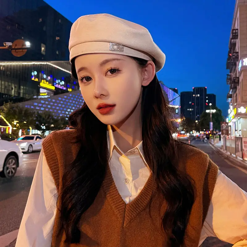 Women's Korean Style Woolen Beret Hat Brown Winter Warm - Image 3