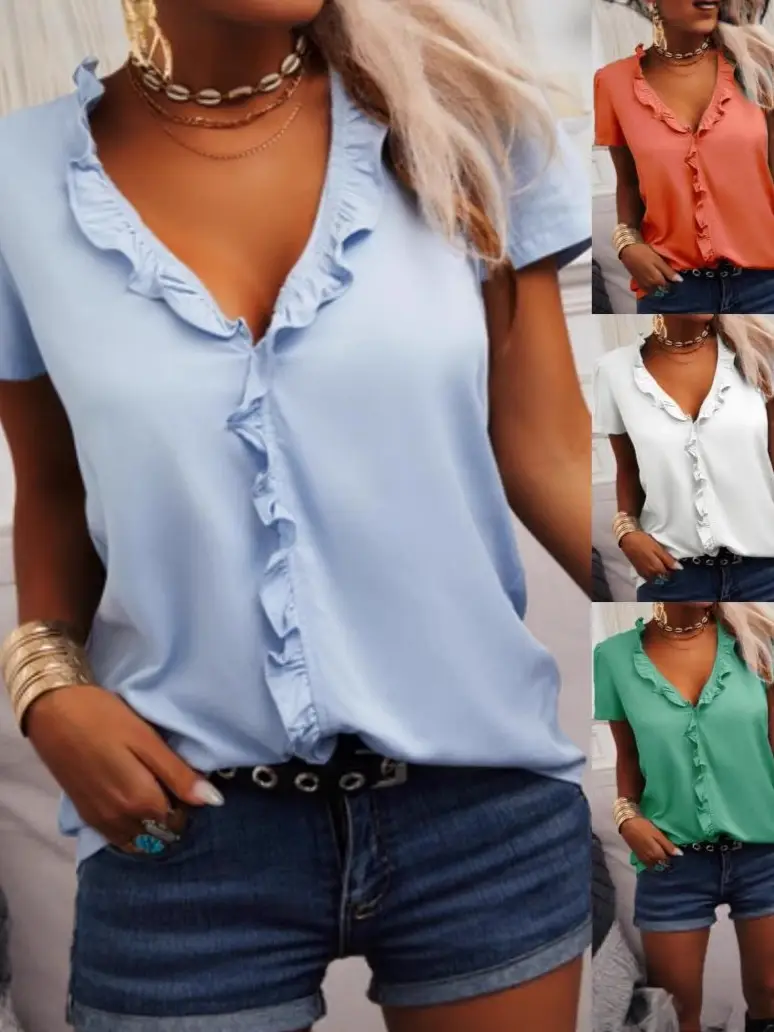 Women Ruffled Green Top Short Sleeve Spring Summer - Image 7