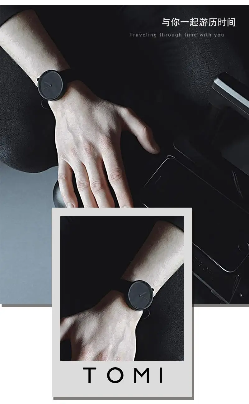 Tomi Black Leather Watch for Men Women Quartz Casual Fashion — feature 7