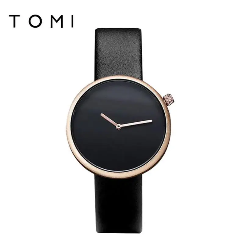 Tomi Black Leather Watch for Men Women Quartz Casual Fashion