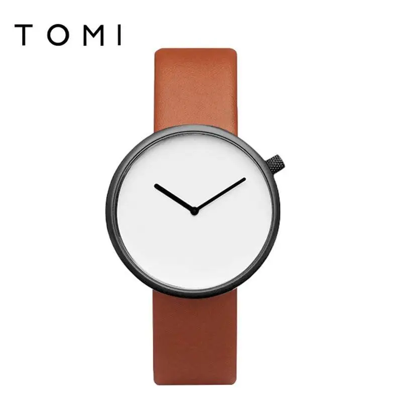 Tomi Black Leather Watch for Men Women Quartz Casual Fashion