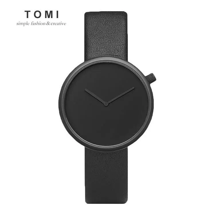 Tomi Black Leather Watch for Men Women Quartz Casual Fashion