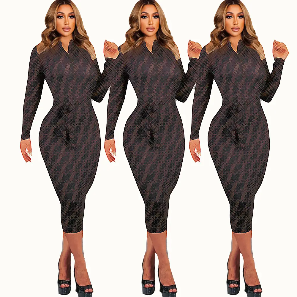 Women's Long Sleeve Printed Belted Dress