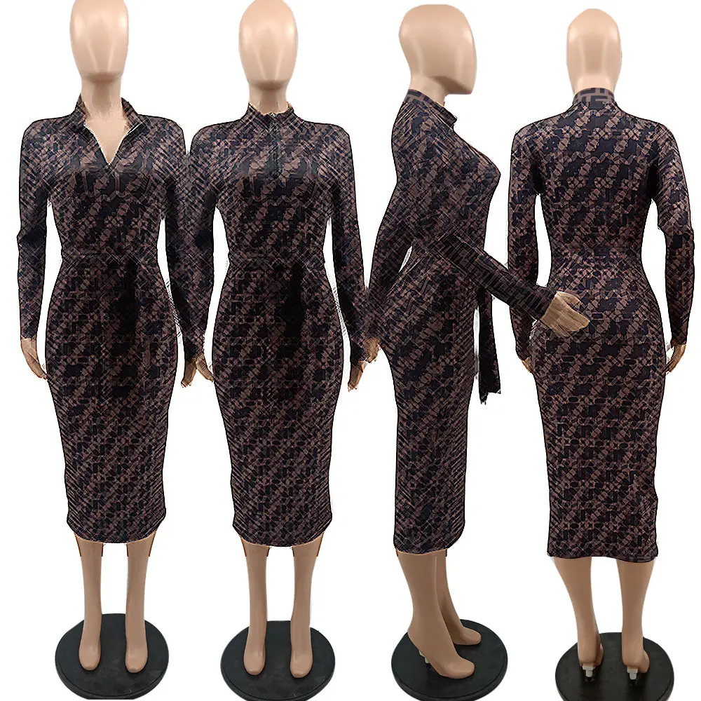 Women's Long Sleeve Printed Belted Dress