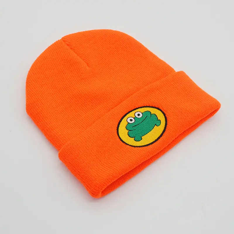 Orange Knitted Hat with Frog Embroidery for Women - Image 5