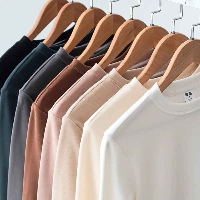 Double-Sided Velvet Long Sleeve T-Shirt Autumn Winter Fleece Lined