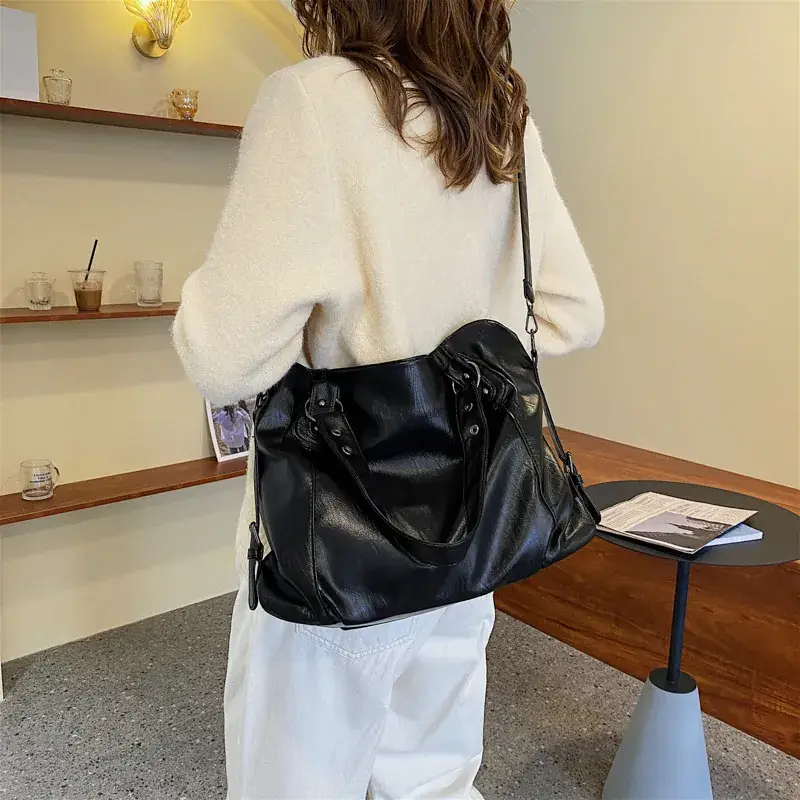 Black Korean Style Large Canvas Shoulder Bag - Image 6