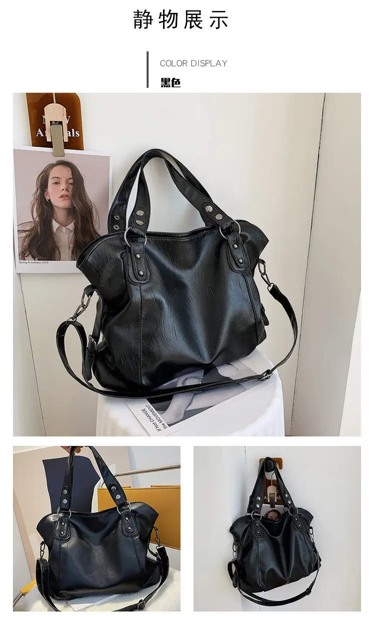 Black Korean Style Large Canvas Shoulder Bag — feature 3