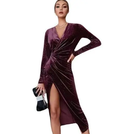 2024 Gold Velvet Leg-Revealing Evening Dress - Image 11