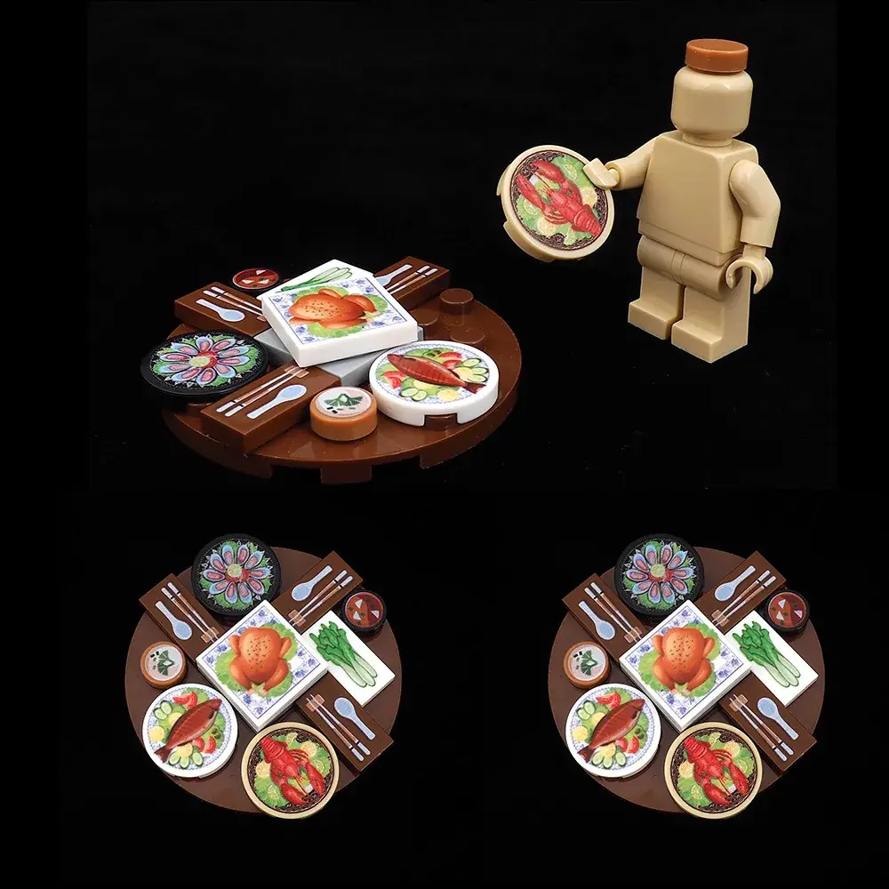 Assembled Food Building Blocks Dinner Party Scene Model Compatible with Lego Small Particle Assembled Toys