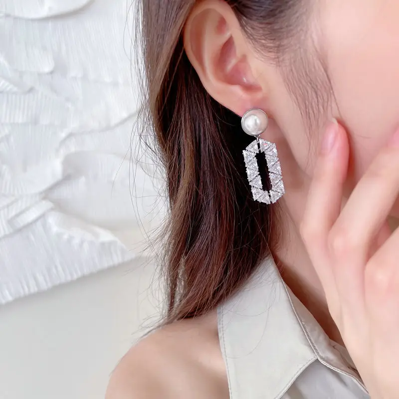 S925 Silver Diamond Necklace Earrings Super Flash Geometric Triangle Zircon Mosaic - Image 3