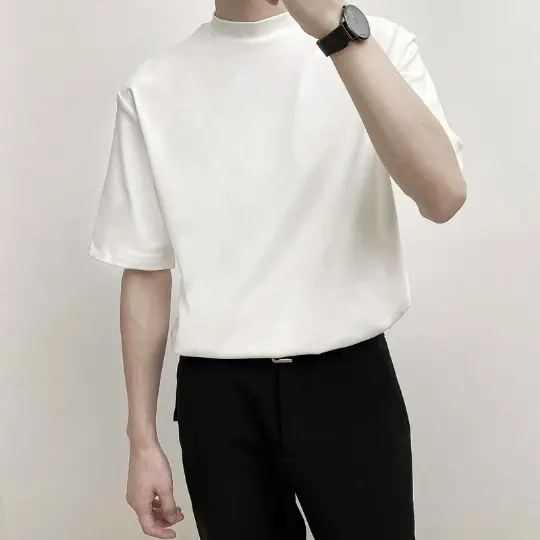 Men Green Half-High Collar T-Shirt Short Sleeve - Image 7