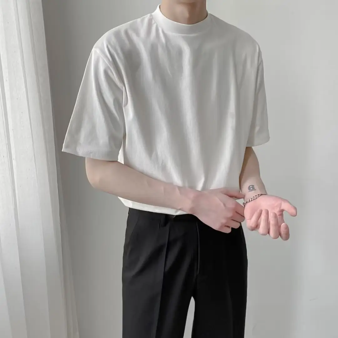 Men Green Half-High Collar T-Shirt Short Sleeve - Image 8