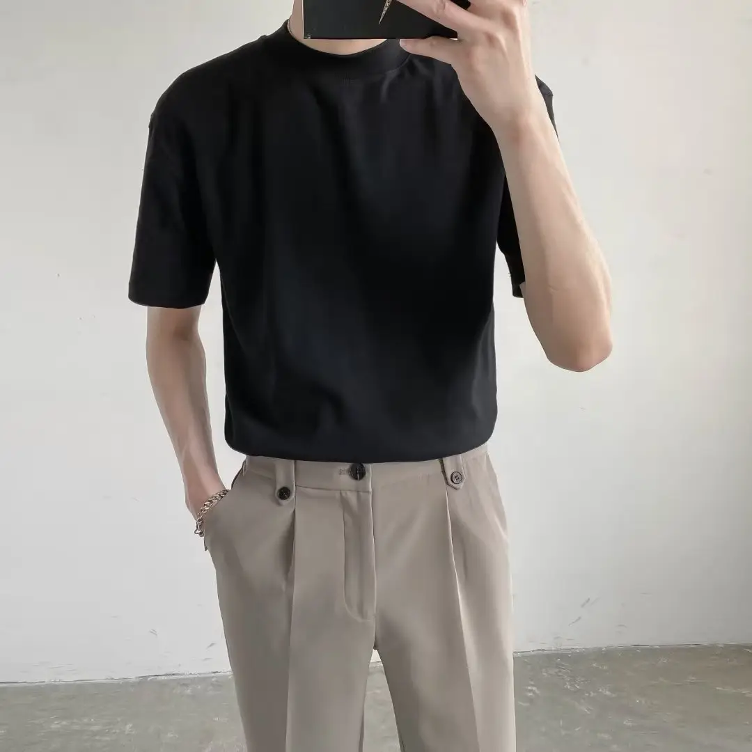 Men Green Half-High Collar T-Shirt Short Sleeve - Image 2