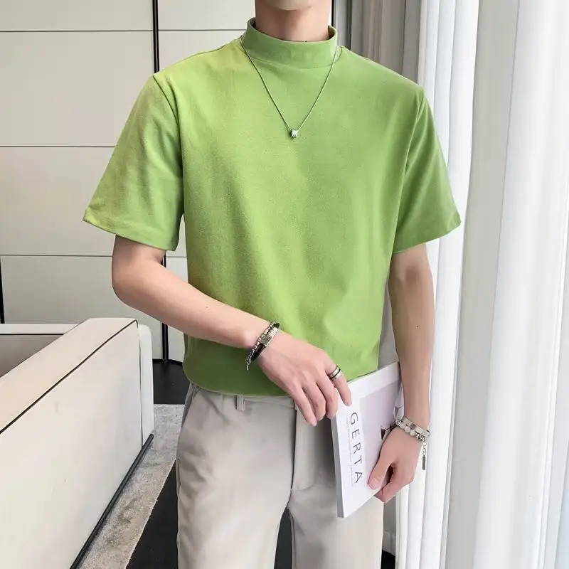 Men Green Half-High Collar T-Shirt Short Sleeve - Image 3