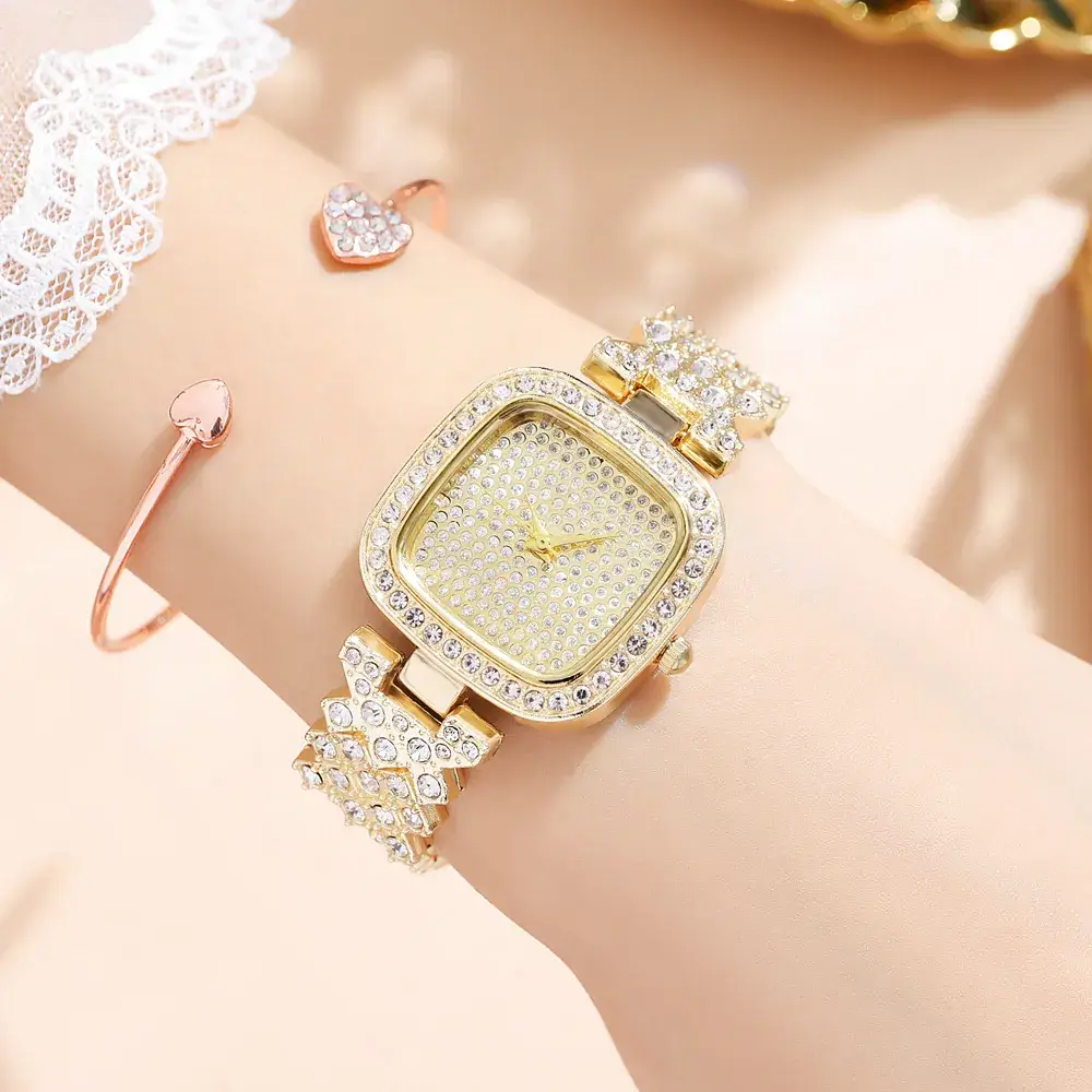 Women's Rhinestone Square Watch Gold Quartz