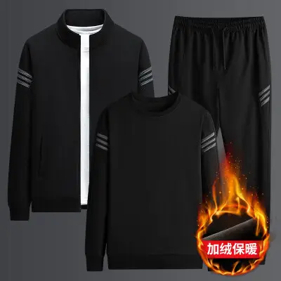 Men Black Fleece Casual Suit Plus Size Winter Sports