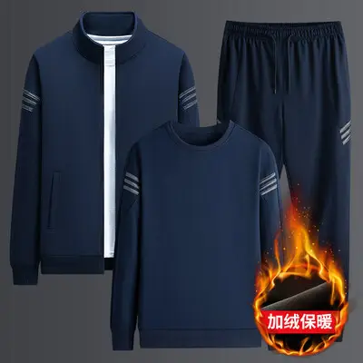 Men Black Fleece Casual Suit Plus Size Winter Sports