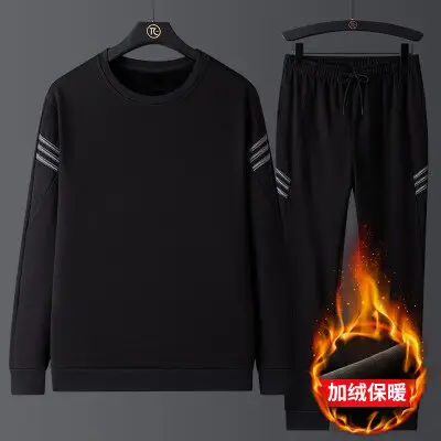 Men Black Fleece Casual Suit Plus Size Winter Sports