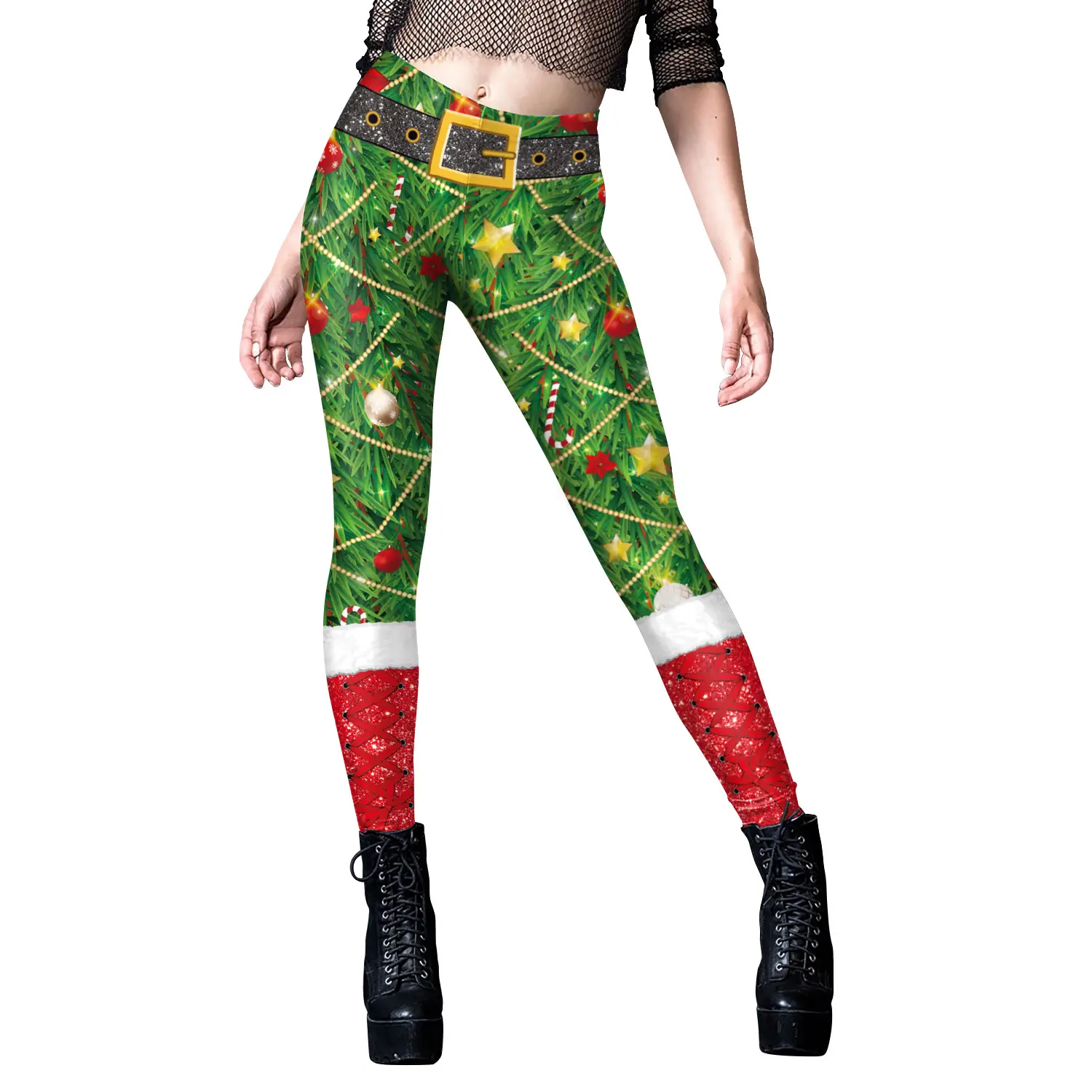 2024 Christmas Leggings Red Faux Fur Belted Women - Image 4