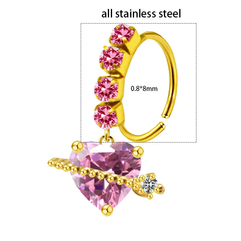 Stainless Steel Heart Butterfly Nose Ring with Crystal Accents