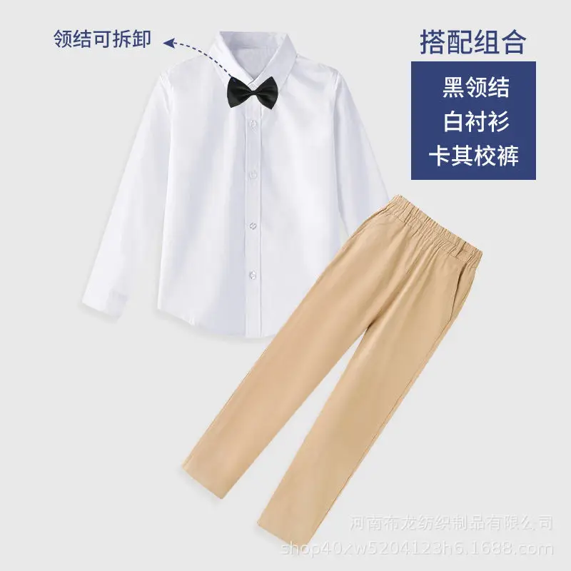 Children's White Shirt with Black Tie & Beige Pants Set