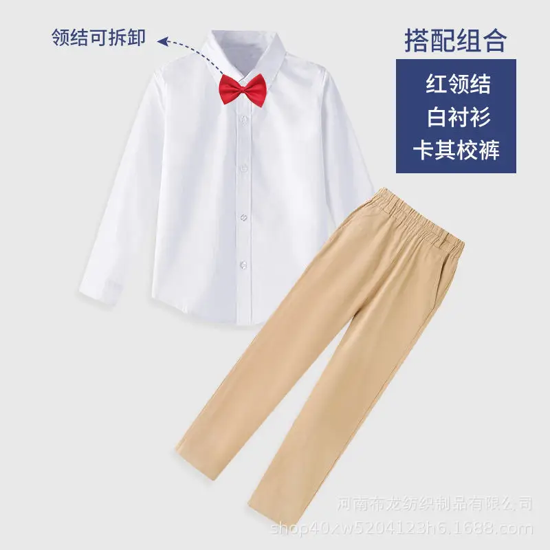 Children's White Shirt with Black Tie & Beige Pants Set