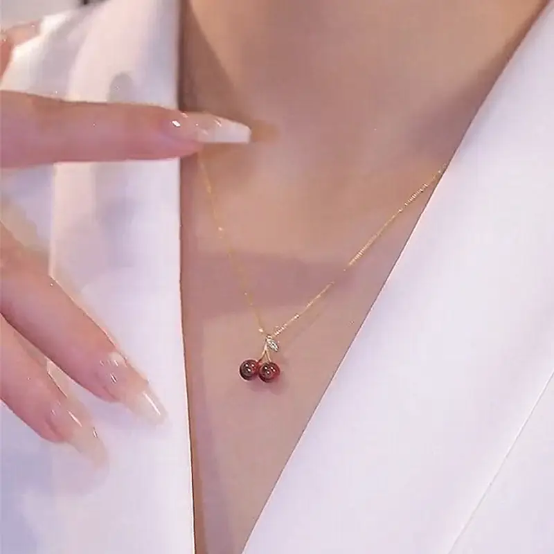 Small Cherry Pendant Necklace for Women Light Red Clavicle Chain - Image 2