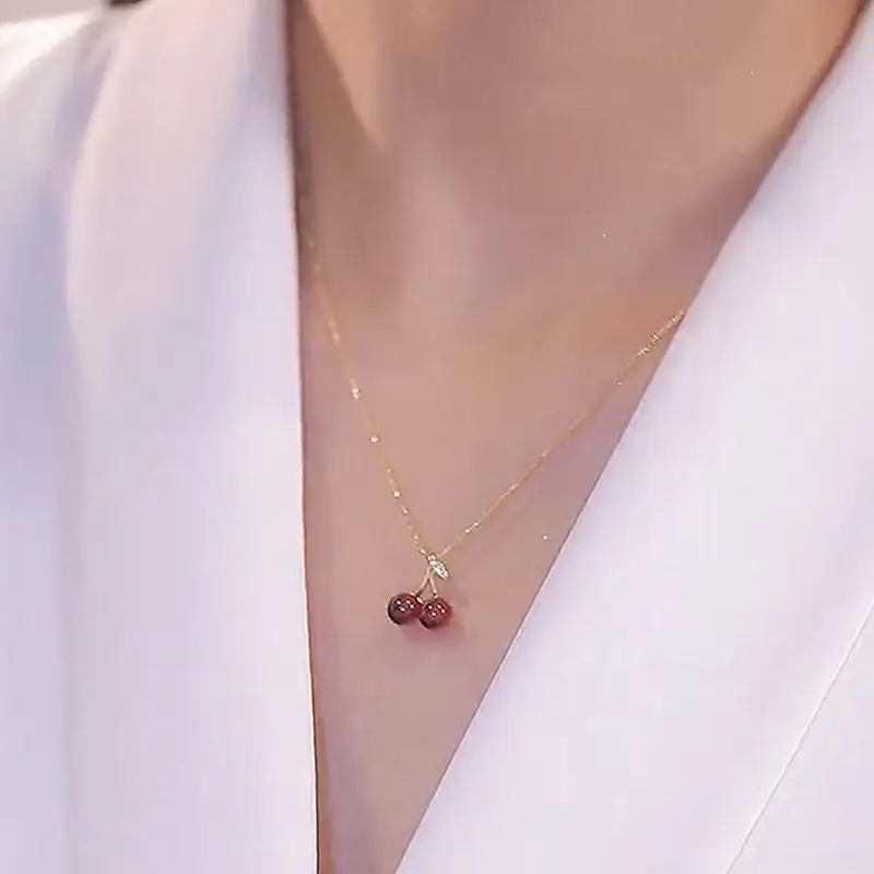 Small Cherry Pendant Necklace for Women Light Red Clavicle Chain - Image 3