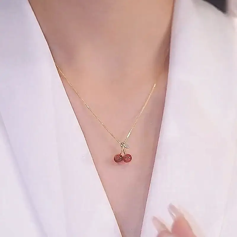 Small Cherry Pendant Necklace for Women Light Red Clavicle Chain - Image 4