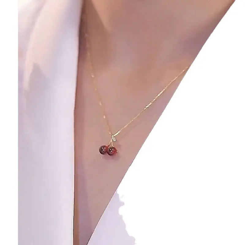 Small Cherry Pendant Necklace for Women Light Red Clavicle Chain - Image 5
