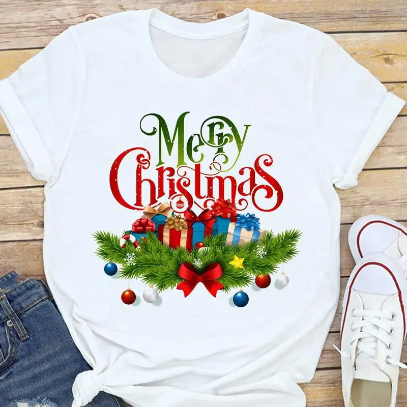 Women's White Christmas Tree Santa T-Shirt Half Sleeve Short Sleeve - Image 9