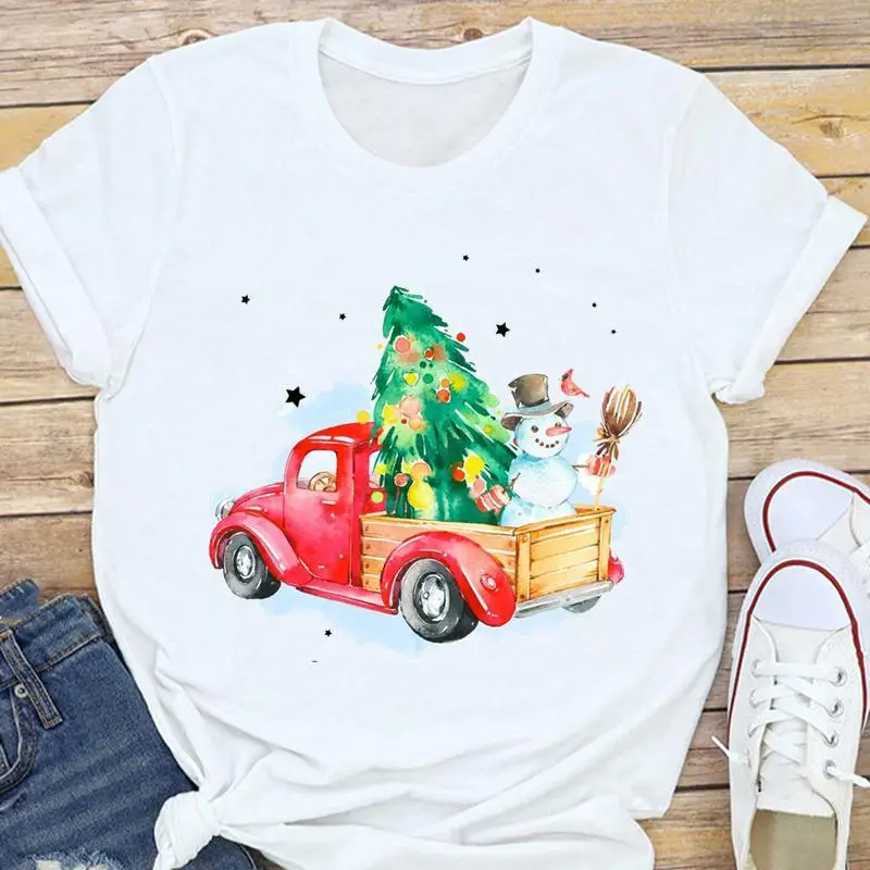 Women's White Christmas Tree Santa T-Shirt Half Sleeve Short Sleeve - Image 12
