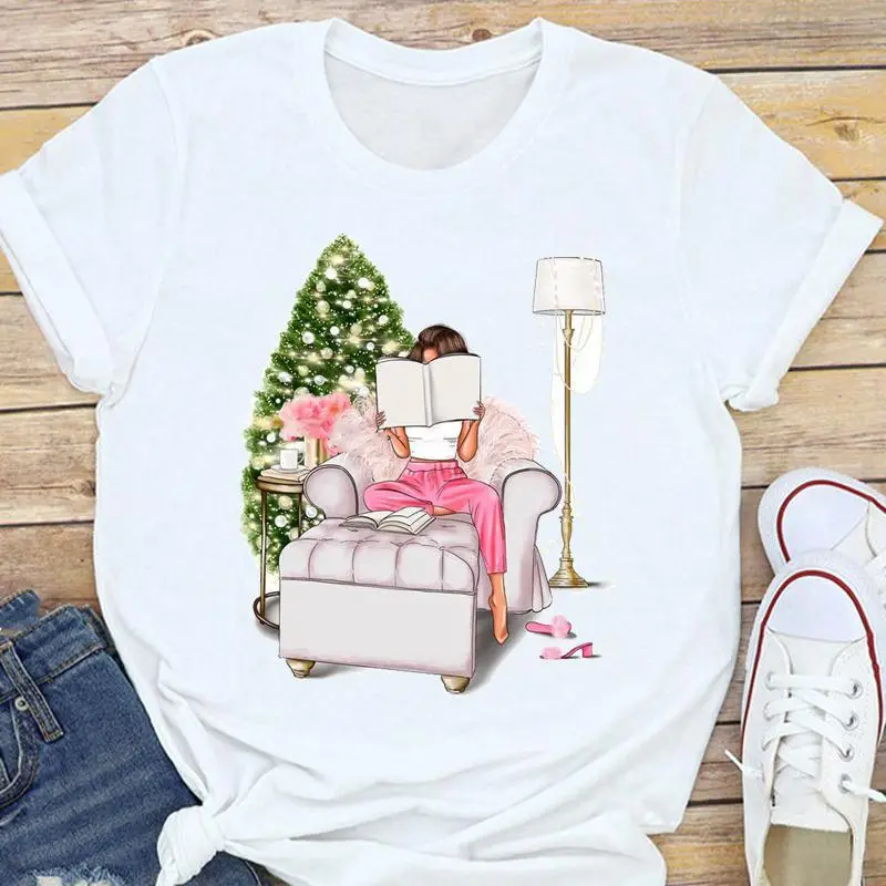 Women's White Christmas Tree Santa T-Shirt Half Sleeve Short Sleeve - Image 13