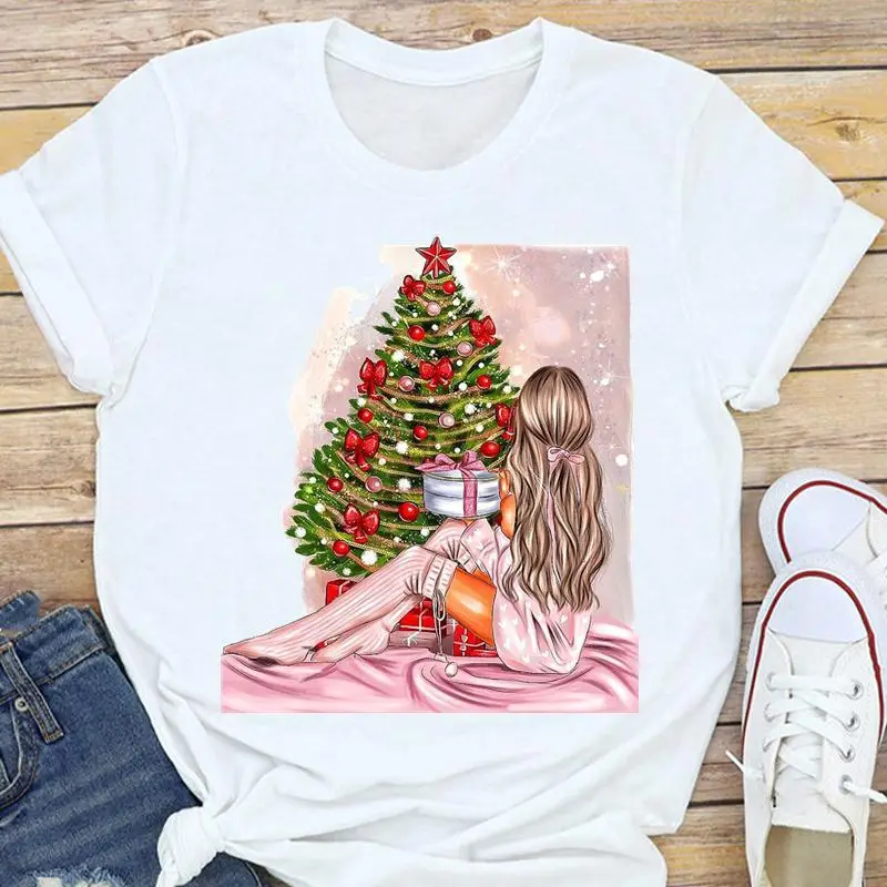 Women's White Christmas Tree Santa T-Shirt Half Sleeve Short Sleeve - Image 15